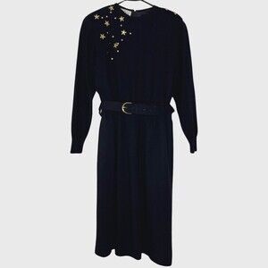 Vintage Ciao Womens Holiday Dress 10 Black Wool Gold Beaded Stars Belted Midi